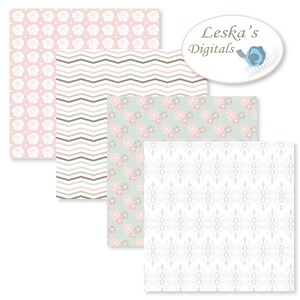 Pu&ograve; includere: Quattro motivi di carta digitale in uno schema di colori pastello. I motivi includono uno sfondo rosa con rose bianche, un motivo chevron marrone e bianco, uno sfondo azzurro con fiori rosa e marroni e uno sfondo bianco con un motivo damascato azzurro e bianco.