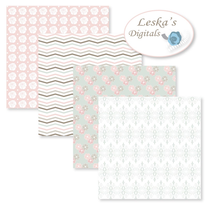 Pu&ograve; includere: Quattro motivi di carta digitale in uno schema di colori pastello. I motivi includono uno sfondo rosa con rose bianche, un motivo chevron marrone e bianco, uno sfondo azzurro con fiori rosa e marroni e uno sfondo bianco con un motivo damascato azzurro e bianco.