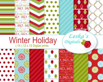 Holiday Digital Paper, Christmas Scrapbook Paper, Red Green and blue, Winter Holiday - Personal & Commercial Use