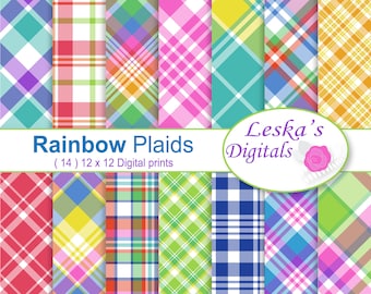 Digital Scrapbooking Plaids, Colorful Bright Plaid Digital Paper, Plaid Digital Paper set, Plaid Paper Pack in Rainbow Colors, Printables