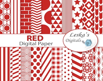 Red digital paper - Red scrapbooking paper - Commercial Use - Red chevron - Red polkadots - Red dots - Red stripes - Red stars - Red flower