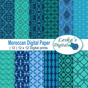 MAROKKAAN Digitaal Scrapbook Papier - BLAUW GROEN Marokkaans, Midden-Oosters, Islamitische Patronen - Marokkaans Patroon Papier - Geometrisch