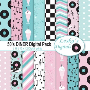 Papier numérique Diner, Papiers numériques rock and roll, Arrière-plans Diner Années 50, Pages de scrapbooking Milk-shake, Notes de musique, Disques LP, Chaussures de selle