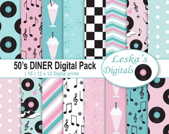 Diner Digital Paper, Rock and Roll Digital Papers, 50s Diner Backgrounds, Milkshake Scrapbook Pages, Musical Notes, LP Records, Saddle Shoes