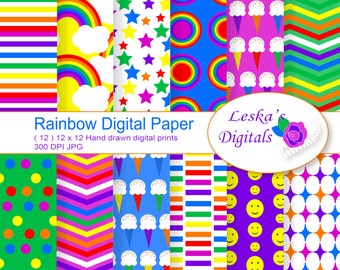 Regenbogen Digitale Papiere Scrapbooking, Regenbogen Muster, Einladungen, Hintergründe 12x12 instant download - Regenbogen digitales Scrapbook Papier