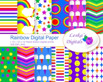 Rainbow Digital Papers scrapbooking, rainbow patterns, invites, backgrounds 12x12 instant download - Rainbow digital scrapbook paper