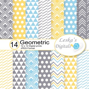 Geometric Digital Paper Background, Geometric scrapbooking paper, Blue Grey and Yellow Digital scrapbook paper, Digital Paper Pack, patterns