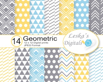 Geometric Digital Paper Background, Geometric scrapbooking paper, Blue Grey and Yellow Digital scrapbook paper, Digital Paper Pack, patterns
