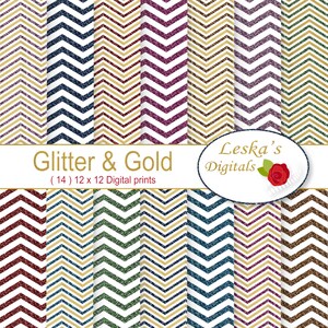 Glitter chevron digital paper: &quot;Glitter and Gold Chevron&quot; gold and glitter chevron scrapbook paper, zigzag background