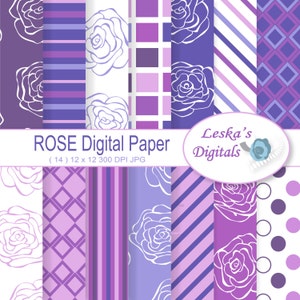 Purple Rose digital paper, purple rose backgrounds - purple background - purple flower - rose flower patterned paper, Instant Download