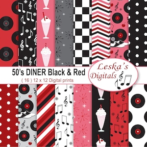 May include: A set of 16 digital papers in a 12x12 inch size, featuring a 50's diner theme with black and red colors. The designs include music notes, checkered patterns, red and white stripes, polka dots, and retro diner elements.