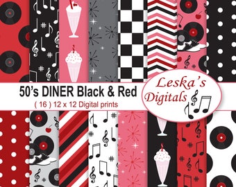 50s Diner Digital Pack, Retro 50's Digital Paper, Diner Backgrounds, Fifties Diner Digital Papers, Rock and Roll Digital Paper, Red & Black