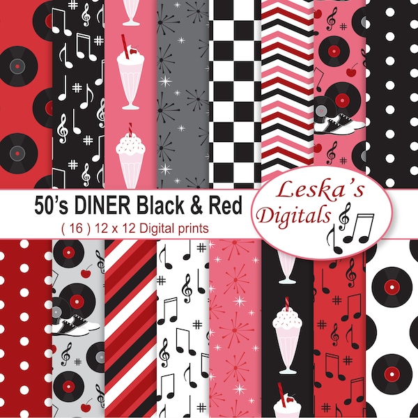 50s Diner Digital Pack, Retro 50's Digital Paper, Diner Backgrounds, Fifties Diner Digital Papers, Rock and Roll Digital Paper, Red & Black