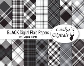 Black plaid digital scrapbook paper Pack, diagonal plaid, black and grey plaid scrapbook paper, tartan scrapbook paper, Commercial Use