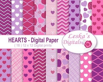 Valentine Digital Paper Pack, hearts digital paper in pink and purple, valentine digital background for scrapbooking and creative projects
