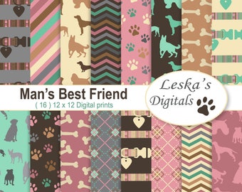 Dog Digital Papers, Man's Best Friend Scrapbook Paper, dog digital backgrounds, Dog Digital Patterns, Invites, Card Making and Crafts