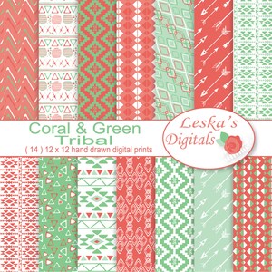 Tribal aztec digital paper: &quot;Tribal digital paper pack&quot; aztec tribal pattern backgrounds, coral and green tribal scrapbooking