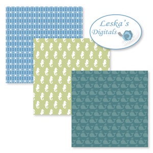 Op de afbeelding: Drie digitale papierpatronen met een blauw en wit geometrisch ontwerp, een groene achtergrond met witte zeepaardjesilhouetten en een teal achtergrond met witte walvissilhouetten.