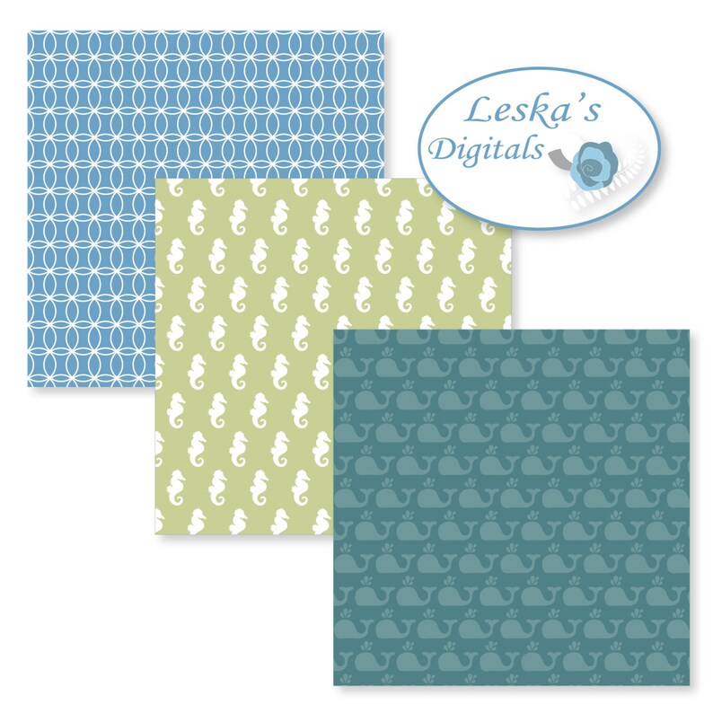 Op de afbeelding: Drie digitale papierpatronen met een blauw en wit geometrisch ontwerp, een groene achtergrond met witte zeepaardjesilhouetten en een teal achtergrond met witte walvissilhouetten.