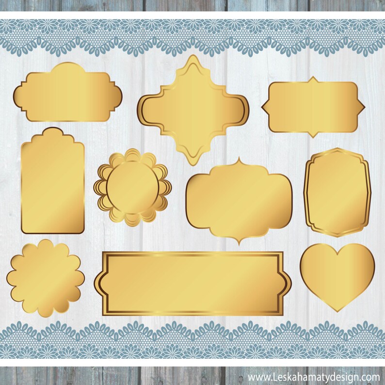 May include: Set of ten gold-colored frames with various shapes, including circles, ovals, rectangles, and hearts. The frames are on a white wood background with a blue lace border.