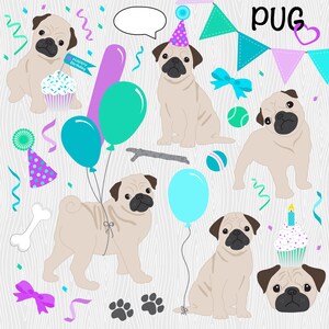 Birthday Card Clipart, Pug Clipart, Cute Digital Papers, Cute Puppy ...