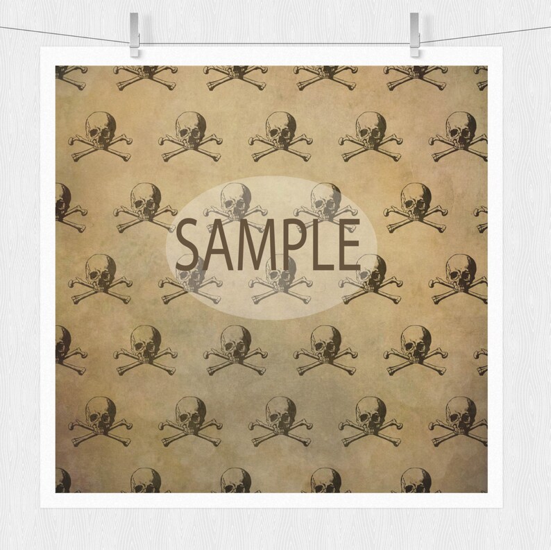 May include: A vintage-style digital paper background with a repeating pattern of skulls and crossbones. The background is a light brown color with a distressed texture. The skulls and crossbones are in a dark brown color. The word "SAMPLE" is written in a white circle in the center of the image.