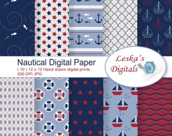 Nautical Scrapbook Patterns, "NAUTICAL" background, nautical backdrop, nautical pattern, nautical sea pattern, red white and blue