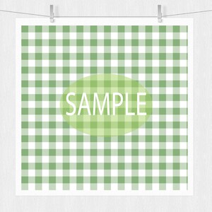 May include: A green and white gingham pattern with the word "SAMPLE" in a light green oval in the center.