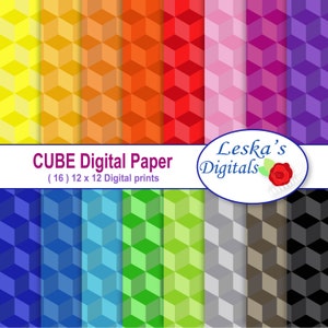 CUBE DIGITAL PAPER, Geometric background in rainbow blocks, Cube scrapbook paper of hexagon pattern, geometric patterned paper 12 x 12 Jpg