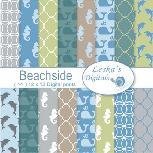 Summer Patterns, beachside digital background of sea horses and whales in relaxing summer patterns, Sea digital paper pack, beachside