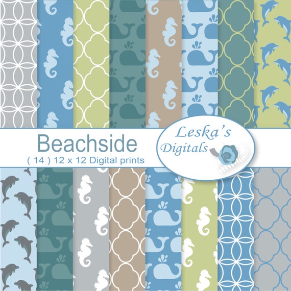 Summer Patterns, beachside digital background of sea horses and whales in relaxing summer patterns, Sea digital paper pack, beachside