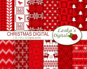 Papel digital de Navidad "SCANDINAVIAN PATTERNS" Fondos digitales nórdicos, Patrones navideños rojos, descarga instantánea de 12 x 12