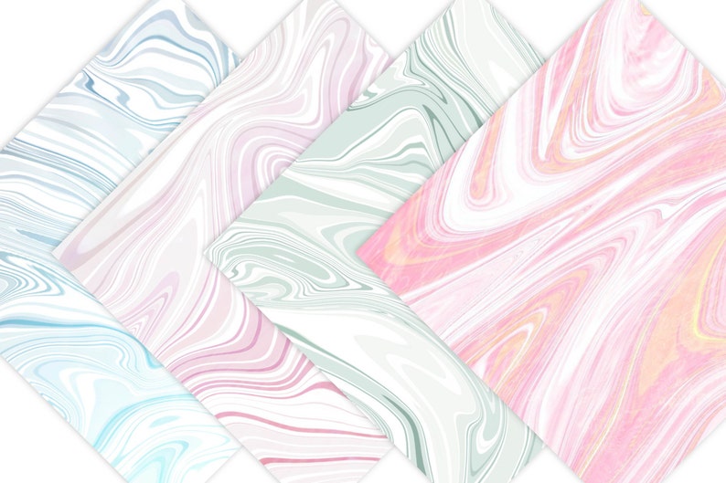 K&ouml;nnte beinhalten: Vier abstrakte digitale Papierdesigns mit wirbelnden Mustern in Blaut&ouml;nen, Rosa und Gr&uuml;n.