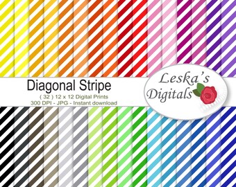 Paquete de papel digital Diagonal Stripe: papel de álbum de recortes "Diagonal Stripes", descarga digital de 32 colores, papel digital de rayas