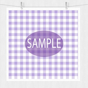 May include: A purple and white gingham pattern with the word "SAMPLE" in a white oval on a purple background.