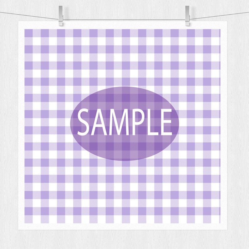 May include: A purple and white gingham pattern with the word "SAMPLE" in a white oval on a purple background.