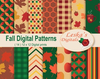 May include: A set of 14 digital fall patterns in various colors and designs, including leaves, polka dots, plaid, and geometric shapes. The patterns are 12 inches by 12 inches and are perfect for crafting and scrapbooking.