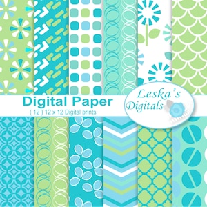 Digital scrapbooking papers, digital download, 12x12 printable papers, blue and green digital paper pack, geometric backgrounds, blue green
