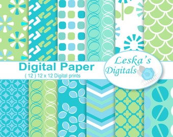 Digital scrapbooking papers, digital download, 12x12 printable papers, blue and green digital paper pack, geometric backgrounds, blue green