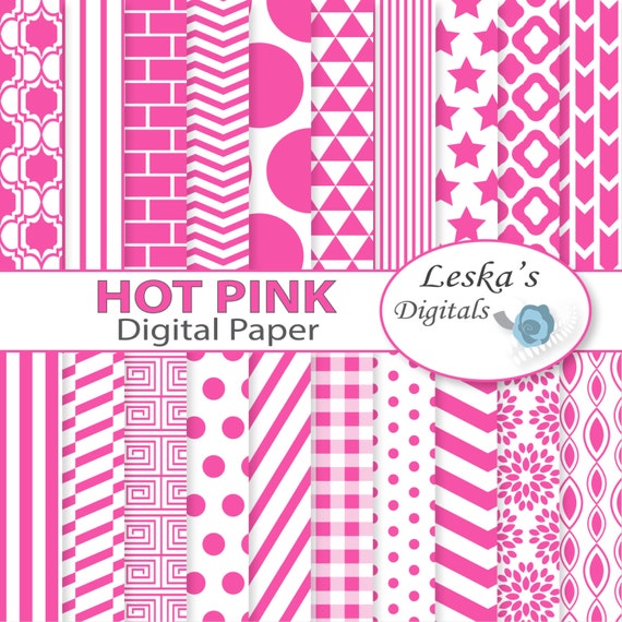 Hot Pink Digital Paper Pack Hot Pink Scrapbook Paper Commercial Use  Backgrounds: Hot Pink Chevron, Polkadots, Stripes, Stars, Gingham 