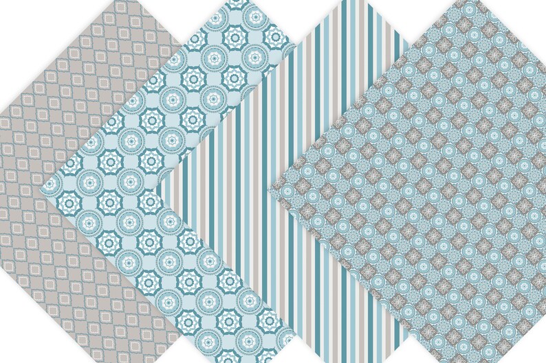 Puede incluir: Cuatro hojas de papel con patrones en tonos azules y grises. Los patrones incluyen un patr&oacute;n geom&eacute;trico de diamantes, un patr&oacute;n circular, un patr&oacute;n de rayas y un patr&oacute;n circular m&aacute;s intrincado.