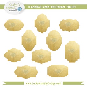 May include: Ten gold foil labels in various shapes, including oval, rectangle, and square. The labels have a textured, metallic finish and are perfect for adding a touch of elegance to your projects.