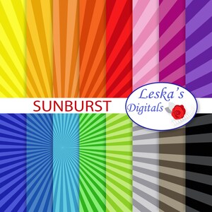 May include: A set of 12 digital paper patterns featuring a sunburst design in various colors, including yellow, orange, red, pink, purple, blue, green, gray, and black. The text "SUNBURST" is displayed at the top of the image, and the text "Leska's Digitals" is displayed at the bottom of the image.