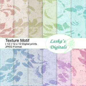 May include: Twelve digital paper prints with a textured motif. Each print features a different pastel color with a subtle leaf pattern. The prints are 12 inches by 12 inches and are in JPEG format. The text "Texture Motif (12) 12 x 12 Digital prints JPEG Format" and "Leska's Digitals" is included in the image.