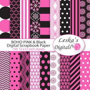 Hot Pink Black Digital Paper- Scrapbook paper in bohemian style - Boho background digital paper - pink & black pattern paper, patterned pack