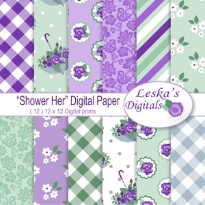 Digital Scrapbooking Paper: "PURPLE DIGITAL PAPER" Bridal shower & Baby Shower patterns, digital background purple florals, stripes, damask