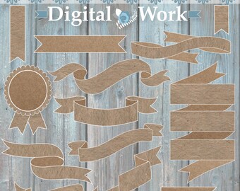 Kraft Paper Banners, Rustic wedding clip art, scrapbook embellishments, Banner clip art, Ribbon clipart, Clipart embellishments, clipart