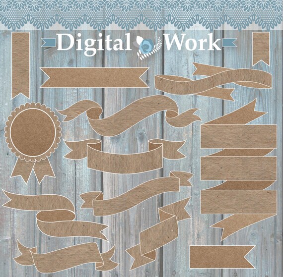 Kraft Paper Banners, Rustic wedding clip art, scrapbook embellishments, Banner clip art, Ribbon clipart, Clipart embellishments, clipart