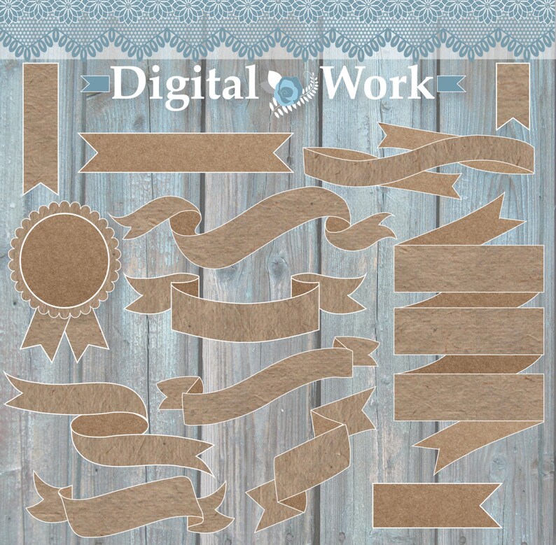 May include: A set of 14 brown paper banners and ribbons with a white outline. The banners and ribbons are on a light blue wood background with a white lace border at the top. The text "Digital Work" is in the center of the image.