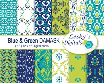 Damask Digital Paper "LIME & NAVY BLUE" digital scrapbook paper, damask patterns, damask scrapbook paper, damask backgrounds, lime, navy